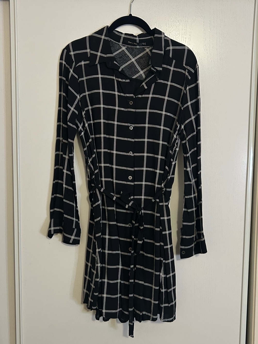Black & White Windowpane Button-Up Tie-Waist Dress Long Sleeve